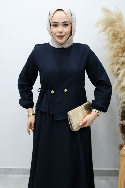 Bağlamalı Yelekli Elbise TSD260153 Lacivert - Tesettür Dünyası (1)