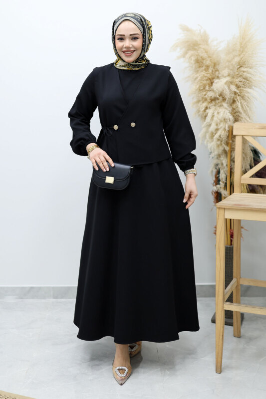 Bağlamalı Yelekli Elbise TSD260153 Siyah - Tesettür Dünyası