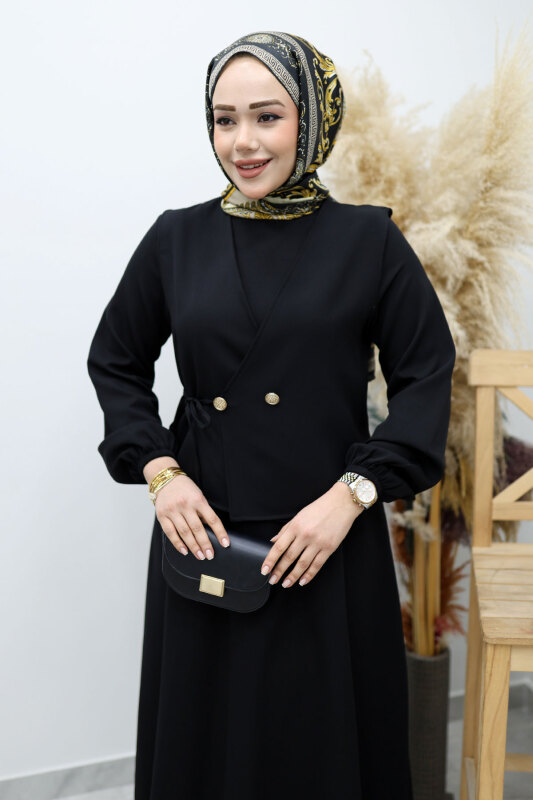 Bağlamalı Yelekli Elbise TSD260153 Siyah - Tesettür Dünyası (1)