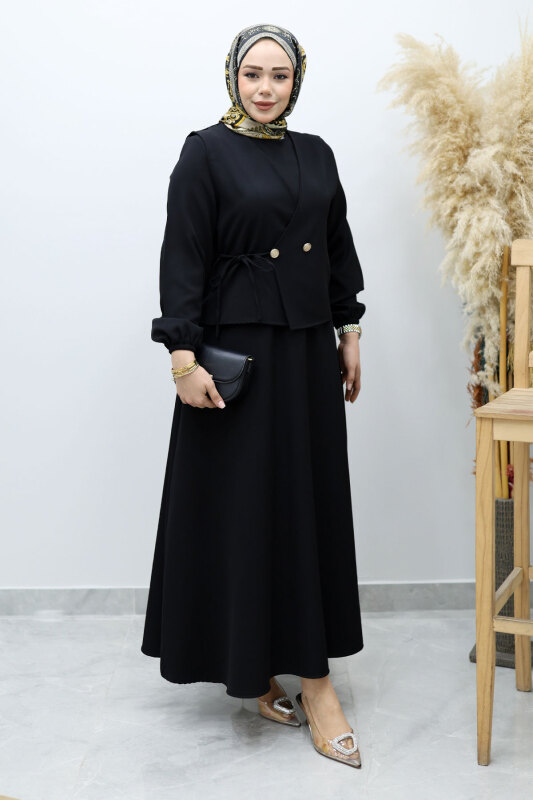 Bağlamalı Yelekli Elbise TSD260153 Siyah - 5