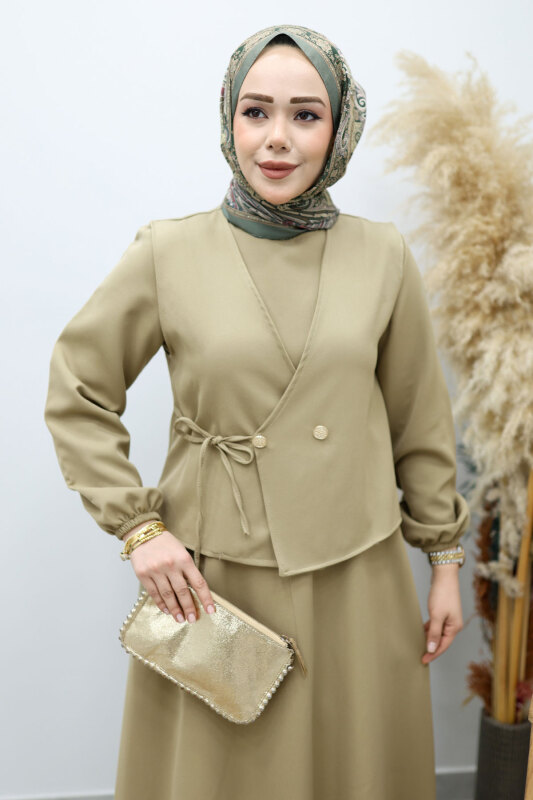 Bağlamalı Yelekli Elbise TSD260153 Yeşil - Tesettür Dünyası (1)