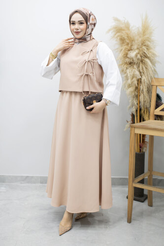 Bağlamalı Yelekli İkili Takım TSD260189 Bej 