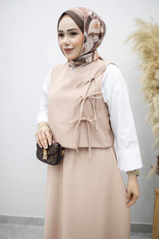 Bağlamalı Yelekli İkili Takım TSD260189 Bej - Tesettür Dünyası (1)