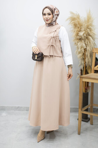 Bağlamalı Yelekli İkili Takım TSD260189 Bej - 3