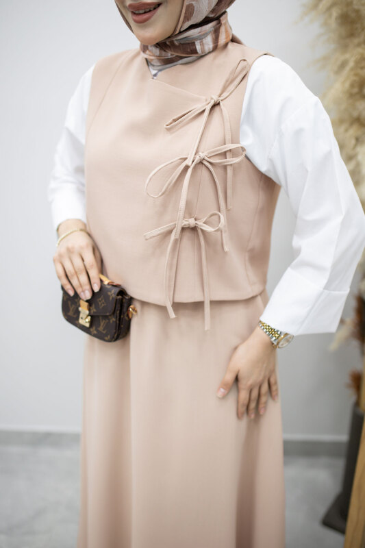 Bağlamalı Yelekli İkili Takım TSD260189 Bej - 4