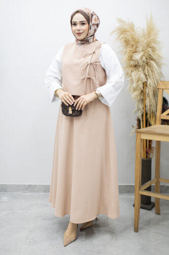 Bağlamalı Yelekli İkili Takım TSD260189 Bej - 5