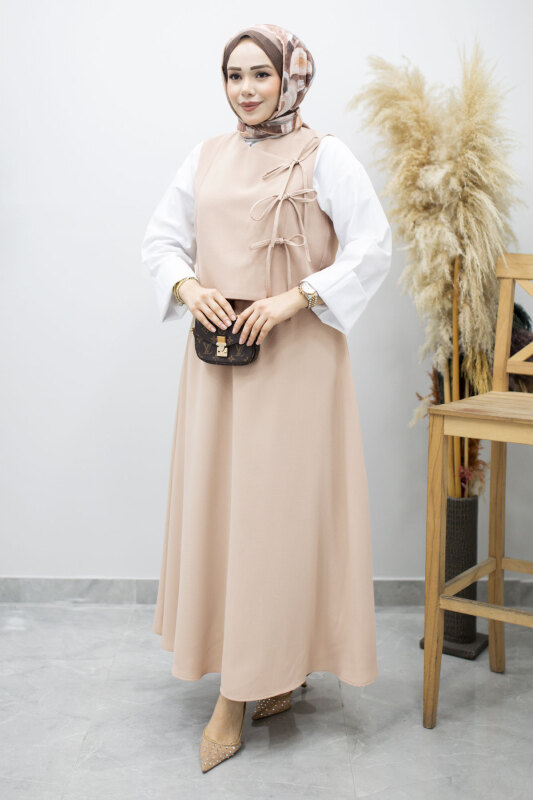 Bağlamalı Yelekli İkili Takım TSD260189 Bej - 5