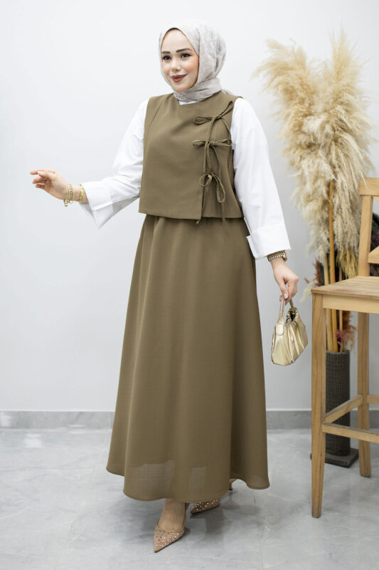 Bağlamalı Yelekli İkili Takım TSD260189 Haki - Tesettür Dünyası