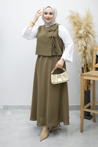 Bağlamalı Yelekli İkili Takım TSD260189 Haki - 5