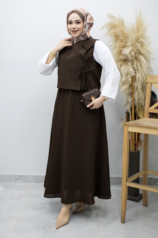 Bağlamalı Yelekli İkili Takım TSD260189 Kahverengi - Tesettür Dünyası