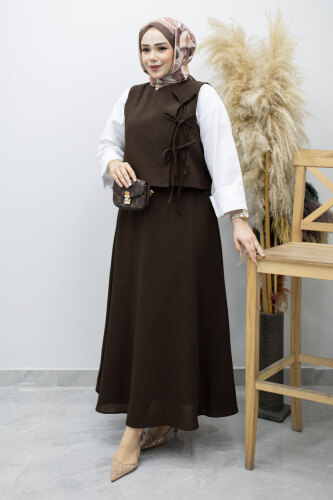 Bağlamalı Yelekli İkili Takım TSD260189 Kahverengi - 3