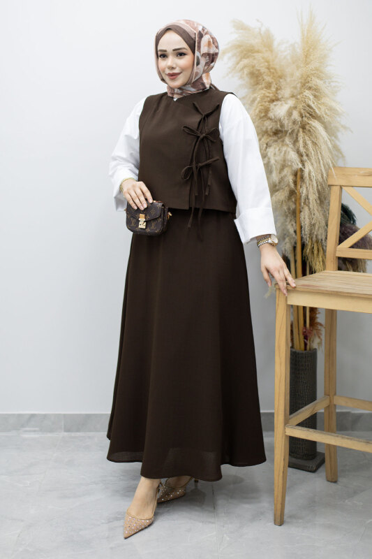 Bağlamalı Yelekli İkili Takım TSD260189 Kahverengi - 3