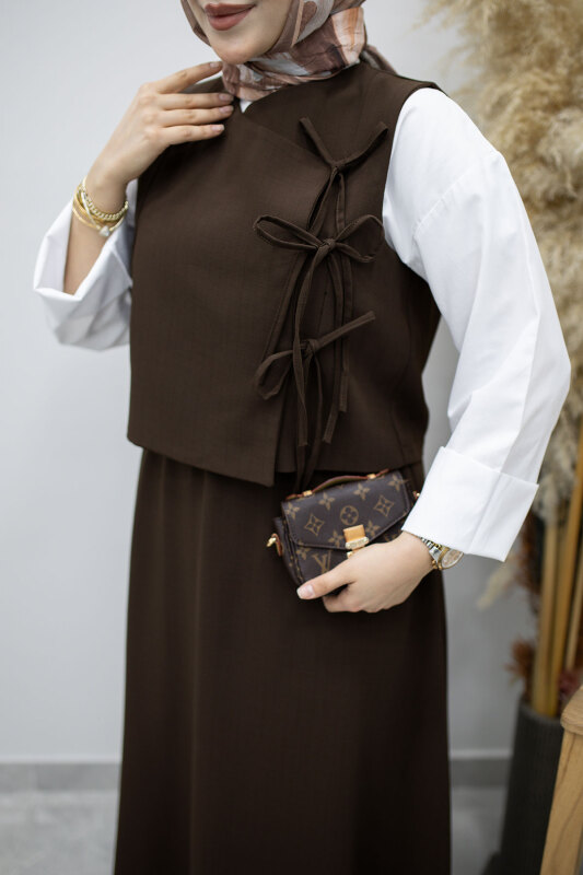 Bağlamalı Yelekli İkili Takım TSD260189 Kahverengi - 4