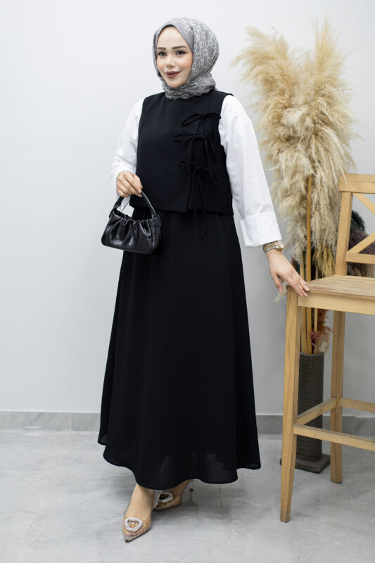 Bağlamalı Yelekli İkili Takım TSD260189 Siyah - Tesettür Dünyası
