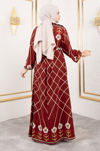Baklava Desenli Çiçekli Viskon Elbise TSD250203 Bordo - 5