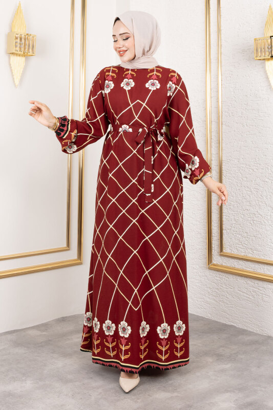 Baklava Desenli Çiçekli Viskon Elbise TSD250203 Bordo - 3
