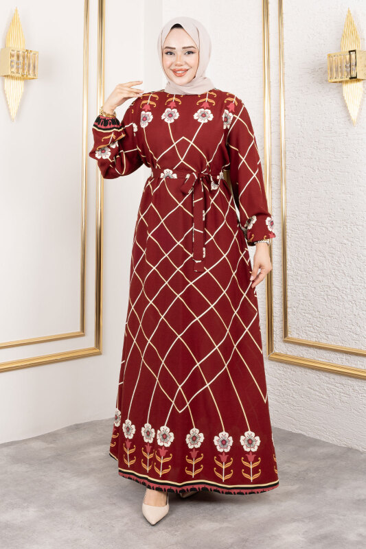 Baklava Desenli Çiçekli Viskon Elbise TSD250203 Bordo - 4