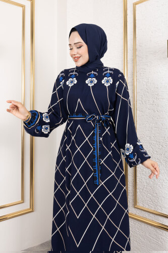 Baklava Desenli Çiçekli Viskon Elbise TSD250203 Lacivert - 2