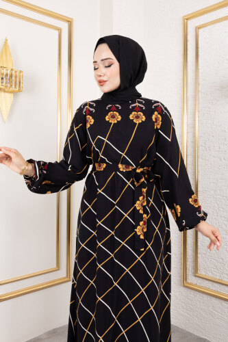 Baklava Desenli Çiçekli Viskon Elbise TSD250203 Siyah - 2
