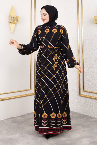 Baklava Desenli Çiçekli Viskon Elbise TSD250203 Siyah - 3