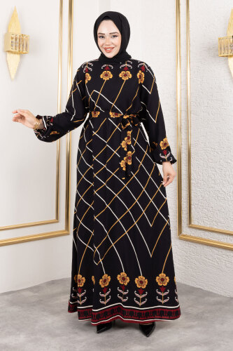 Baklava Desenli Çiçekli Viskon Elbise TSD250203 Siyah - 4