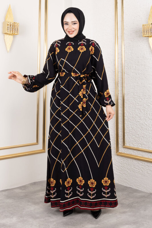 Baklava Desenli Çiçekli Viskon Elbise TSD250203 Siyah - 4