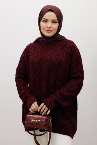 Baklava Desenli Triko Kazak TSD260115 Bordo - Tesettür Dünyası (1)