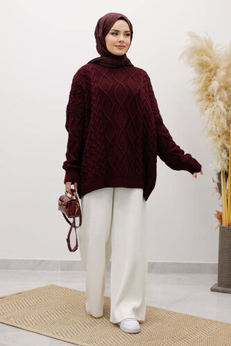 Baklava Desenli Triko Kazak TSD260115 Bordo - 3