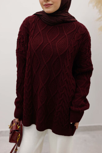 Baklava Desenli Triko Kazak TSD260115 Bordo - 4