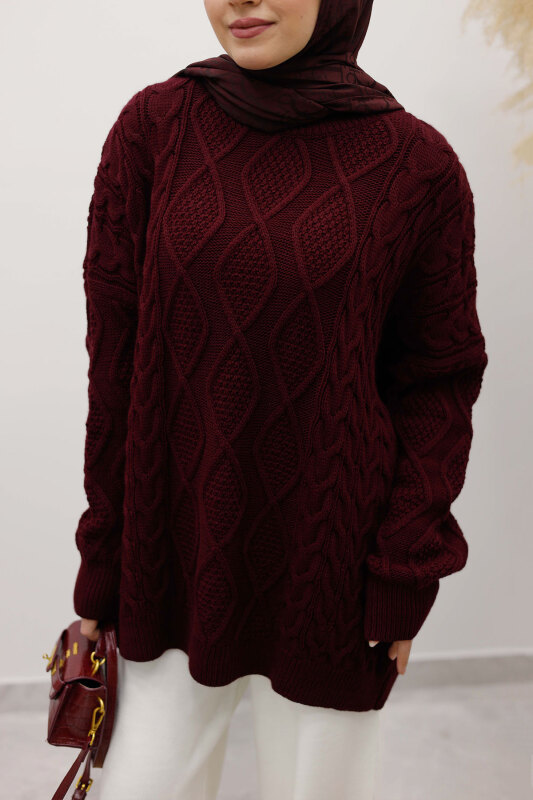 Baklava Desenli Triko Kazak TSD260115 Bordo - 4