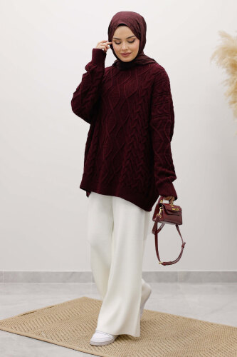 Baklava Desenli Triko Kazak TSD260115 Bordo - 5