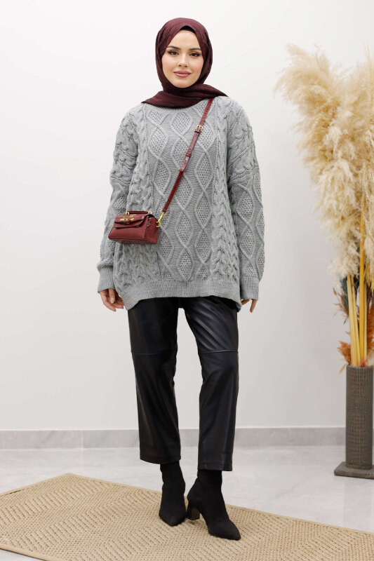 Baklava Desenli Triko Kazak TSD260115 Gri - Tesettür Dünyası