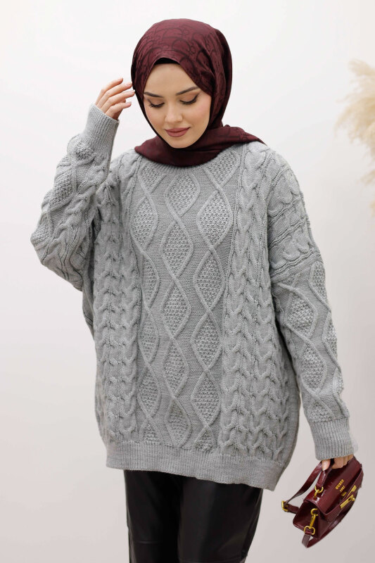 Baklava Desenli Triko Kazak TSD260115 Gri - Tesettür Dünyası (1)