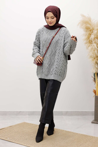 Baklava Desenli Triko Kazak TSD260115 Gri - 3