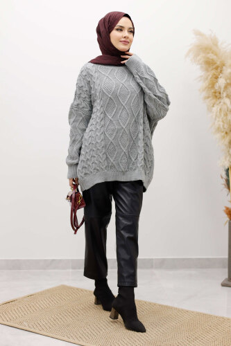 Baklava Desenli Triko Kazak TSD260115 Gri - 5