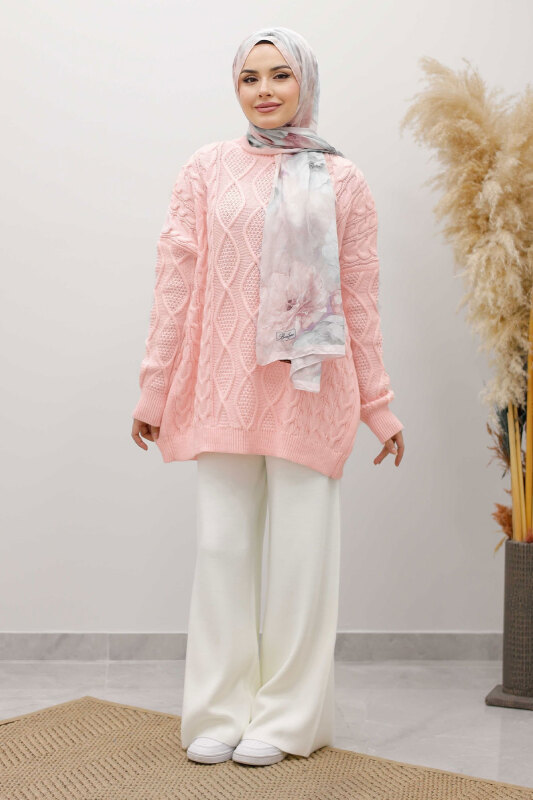 Baklava Desenli Triko Kazak TSD260115 Pembe - Tesettür Dünyası