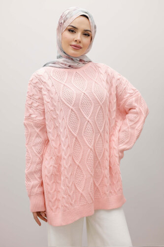 Baklava Desenli Triko Kazak TSD260115 Pembe - Tesettür Dünyası (1)