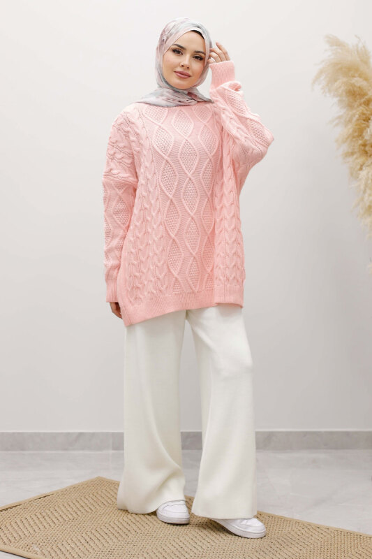 Baklava Desenli Triko Kazak TSD260115 Pembe - 5