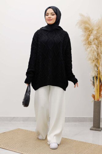 Baklava Desenli Triko Kazak TSD260115 Siyah - Tesettür Dünyası