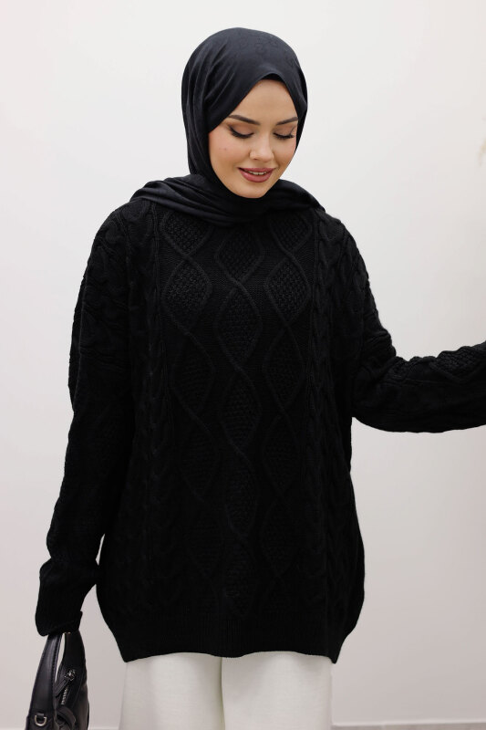 Baklava Desenli Triko Kazak TSD260115 Siyah - Tesettür Dünyası (1)