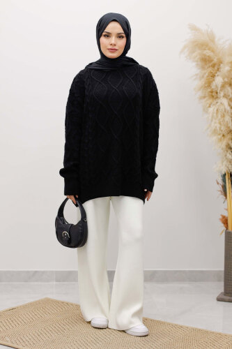 Baklava Desenli Triko Kazak TSD260115 Siyah - 3