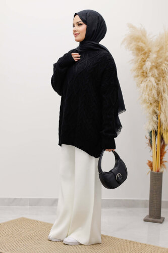 Baklava Desenli Triko Kazak TSD260115 Siyah - 5