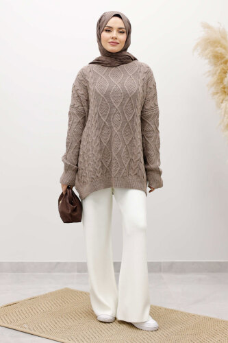 Baklava Desenli Triko Kazak TSD260115 Vizon - Tesettür Dünyası