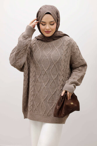 Baklava Desenli Triko Kazak TSD260115 Vizon - Tesettür Dünyası (1)