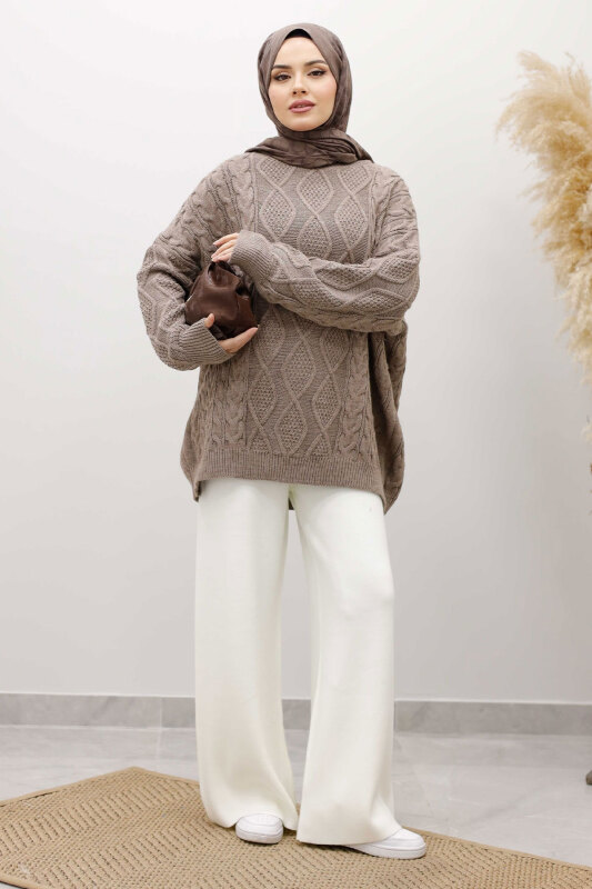 Baklava Desenli Triko Kazak TSD260115 Vizon - 3