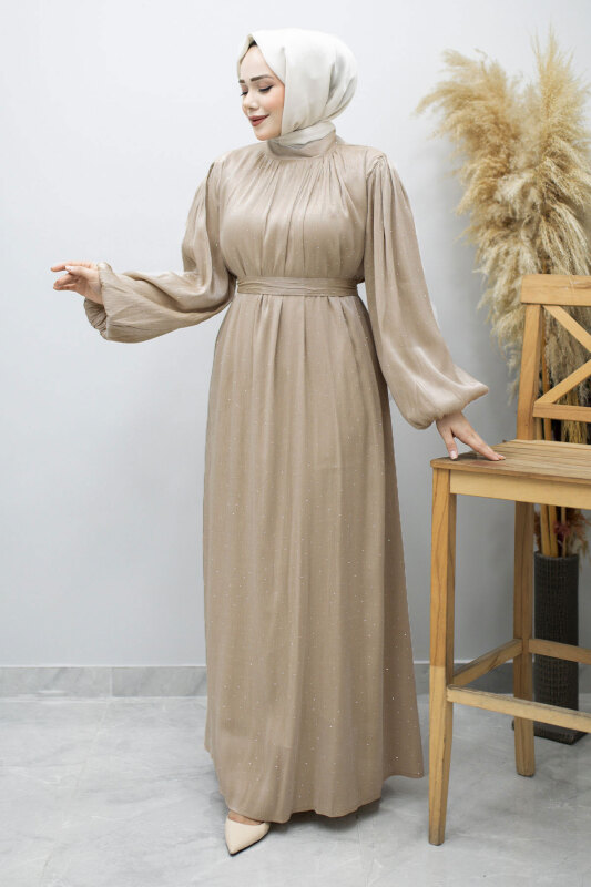 Balon Kol Taş Detaylı Abiye TSD260182 Bej - Tesettür Dünyası