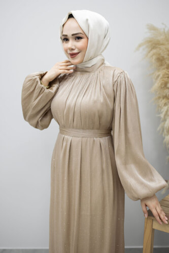 Balon Kol Taş Detaylı Abiye TSD260182 Bej - 2