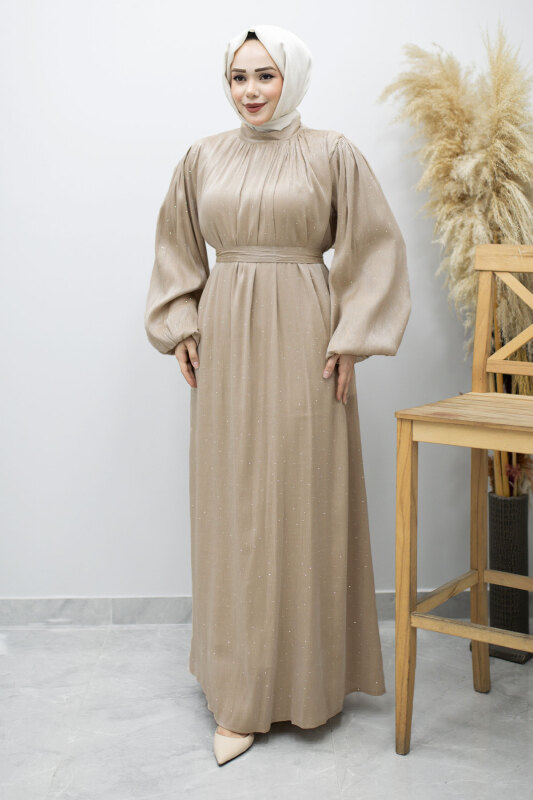 Balon Kol Taş Detaylı Abiye TSD260182 Bej - 3