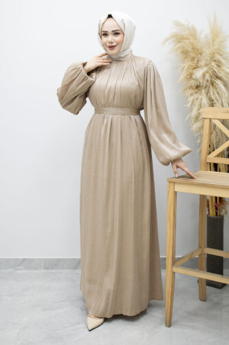 Balon Kol Taş Detaylı Abiye TSD260182 Bej - 5
