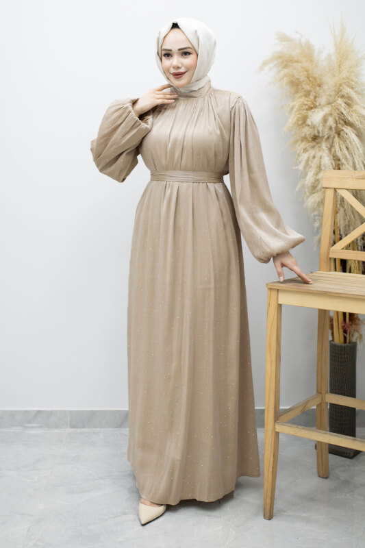 Balon Kol Taş Detaylı Abiye TSD260182 Bej - 5